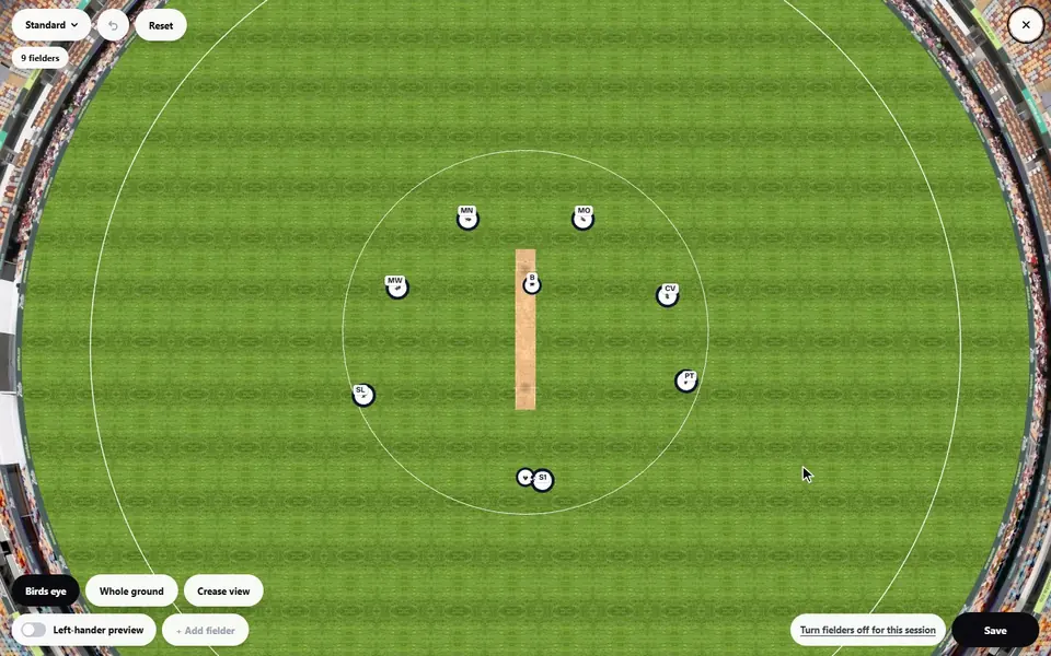 The field editor over the ground from above: point dragged finer and deeper, then the view drops to the batter's eye at the crease, with the fielders out on the grass