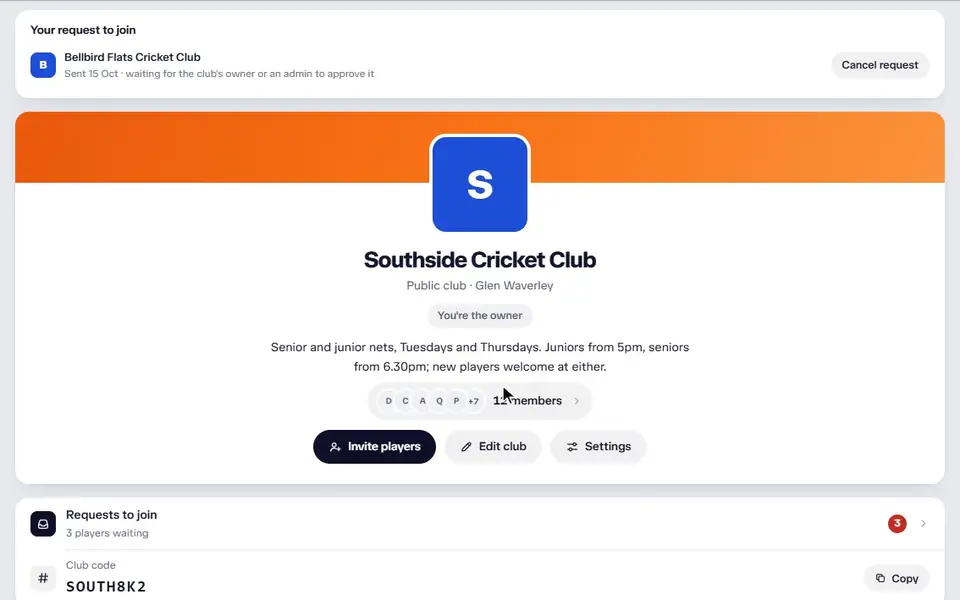 A club's page scrolling down: the club card with its join code, the figures at a glance, the batting, this week's sessions against last week's by day, the leaderboard, the top performers and the teams