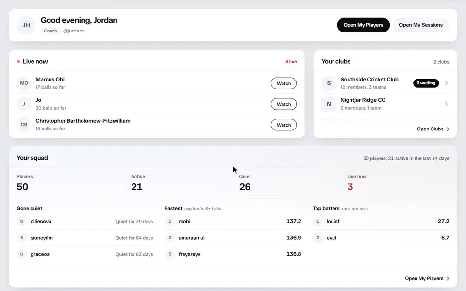 The portal's Home page scrolling down: players live now with Watch buttons, the clubs, the squad's quiet players, fastest bowlers and top batters, then the coach's own bowling and recent sessions